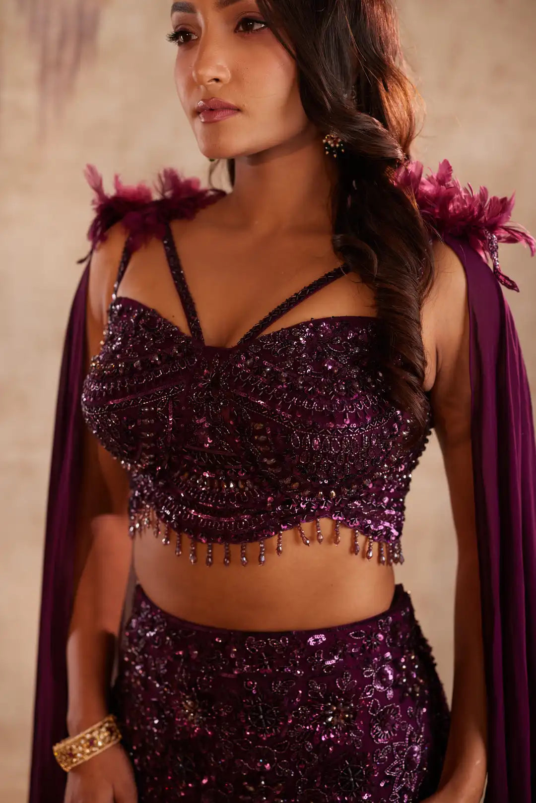 Wine cutdana embellished fishcut lehenga