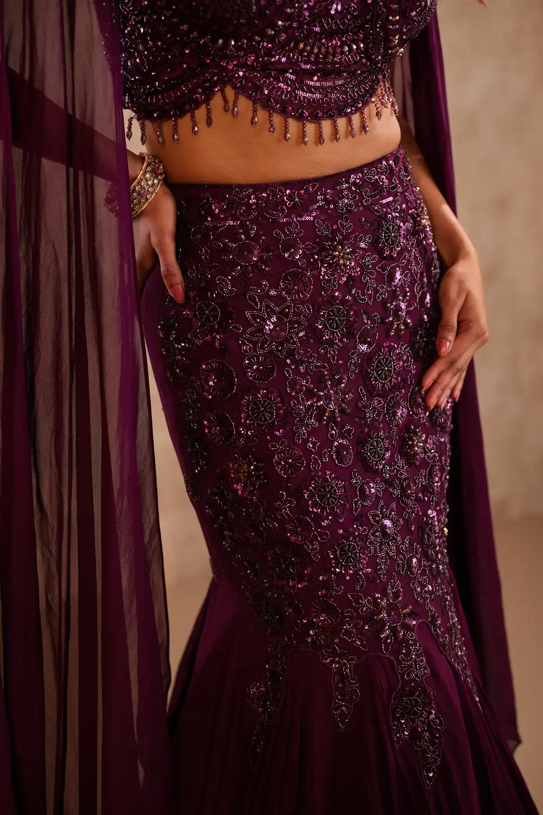 Wine cutdana embellished fishcut lehenga