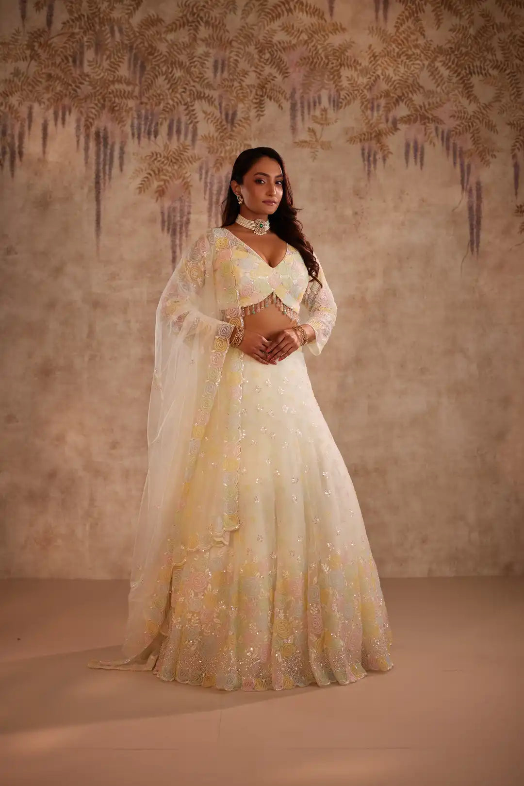 Lemon lehenga with embroidery spring blossoms