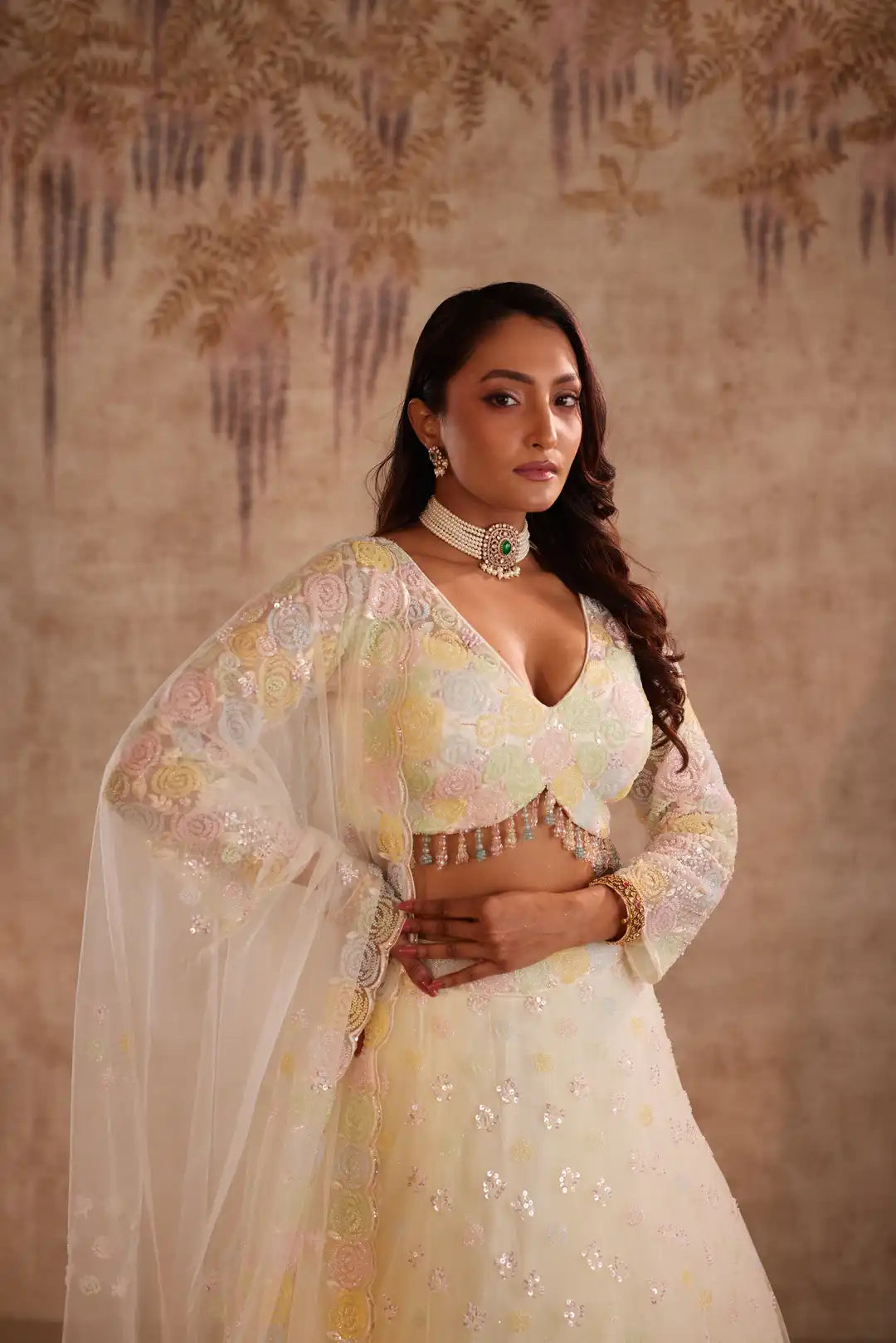 Lemon lehenga with embroidery spring blossoms