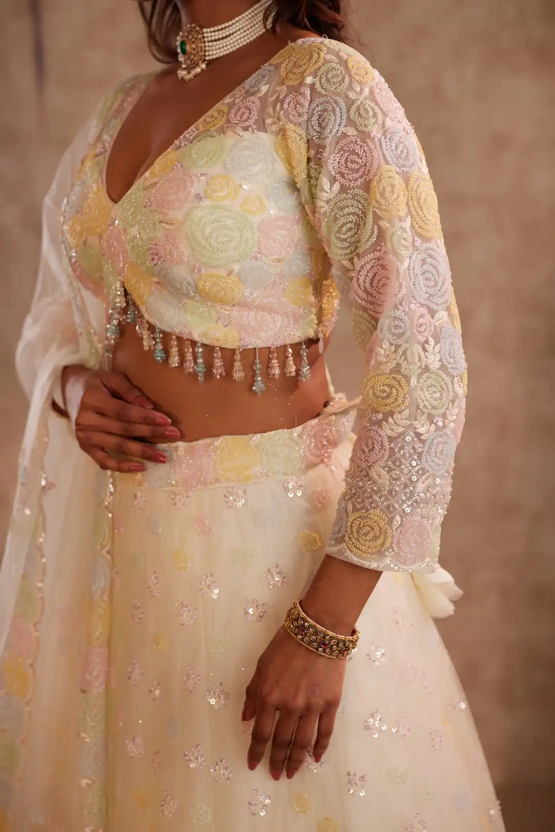 Lemon lehenga with embroidery spring blossoms