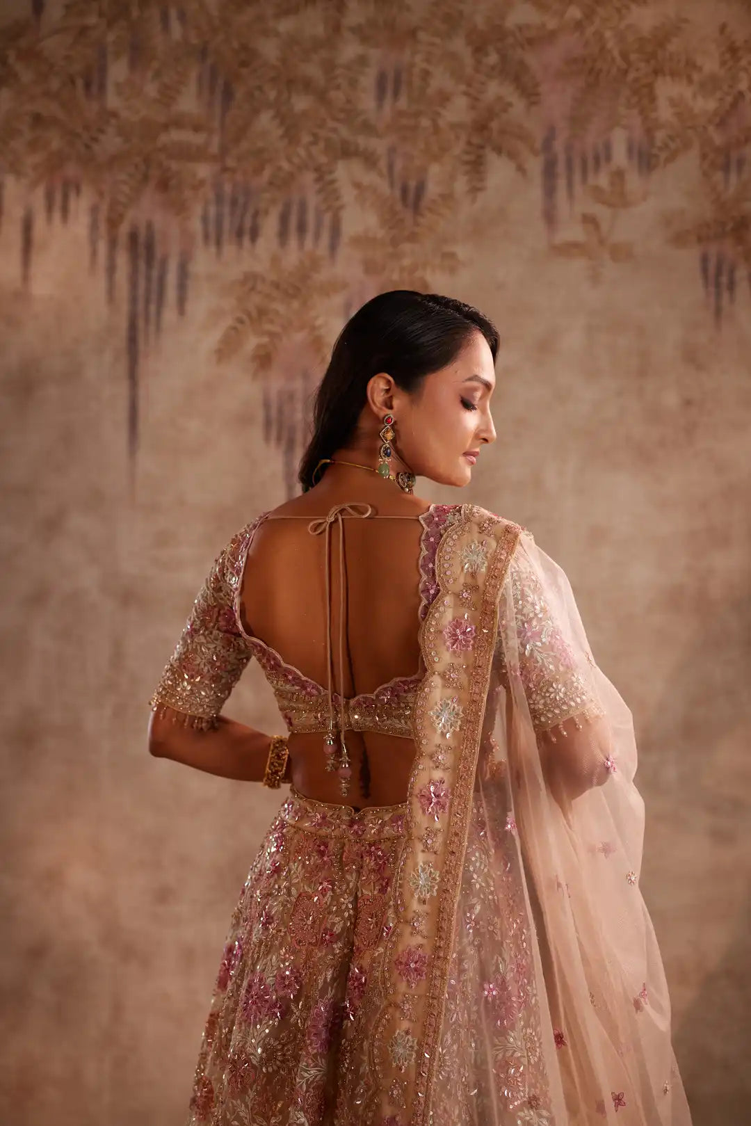 Bronze Net Lehenga Set with Sequins and Zari Embroidery