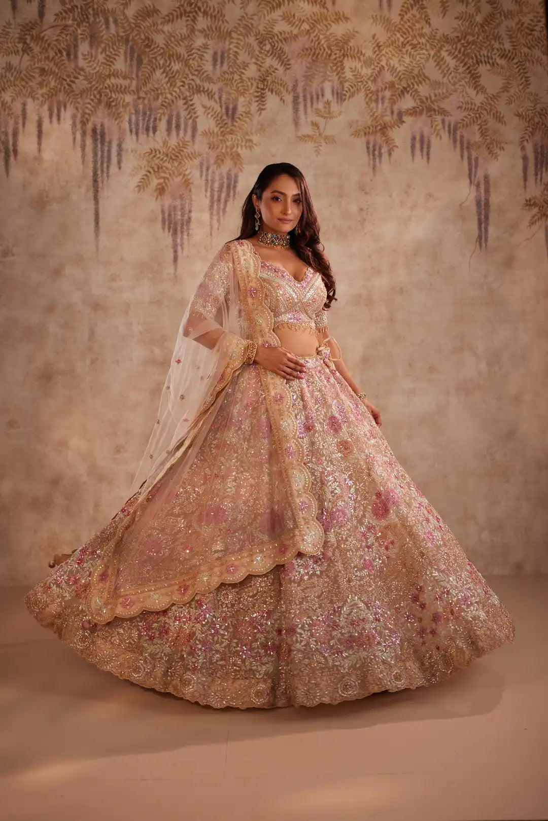 Bronze Net Lehenga Set with Sequins and Zari Embroidery