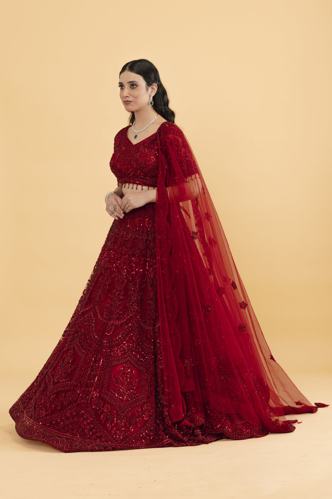 Red net lehenga with sequins embroidery