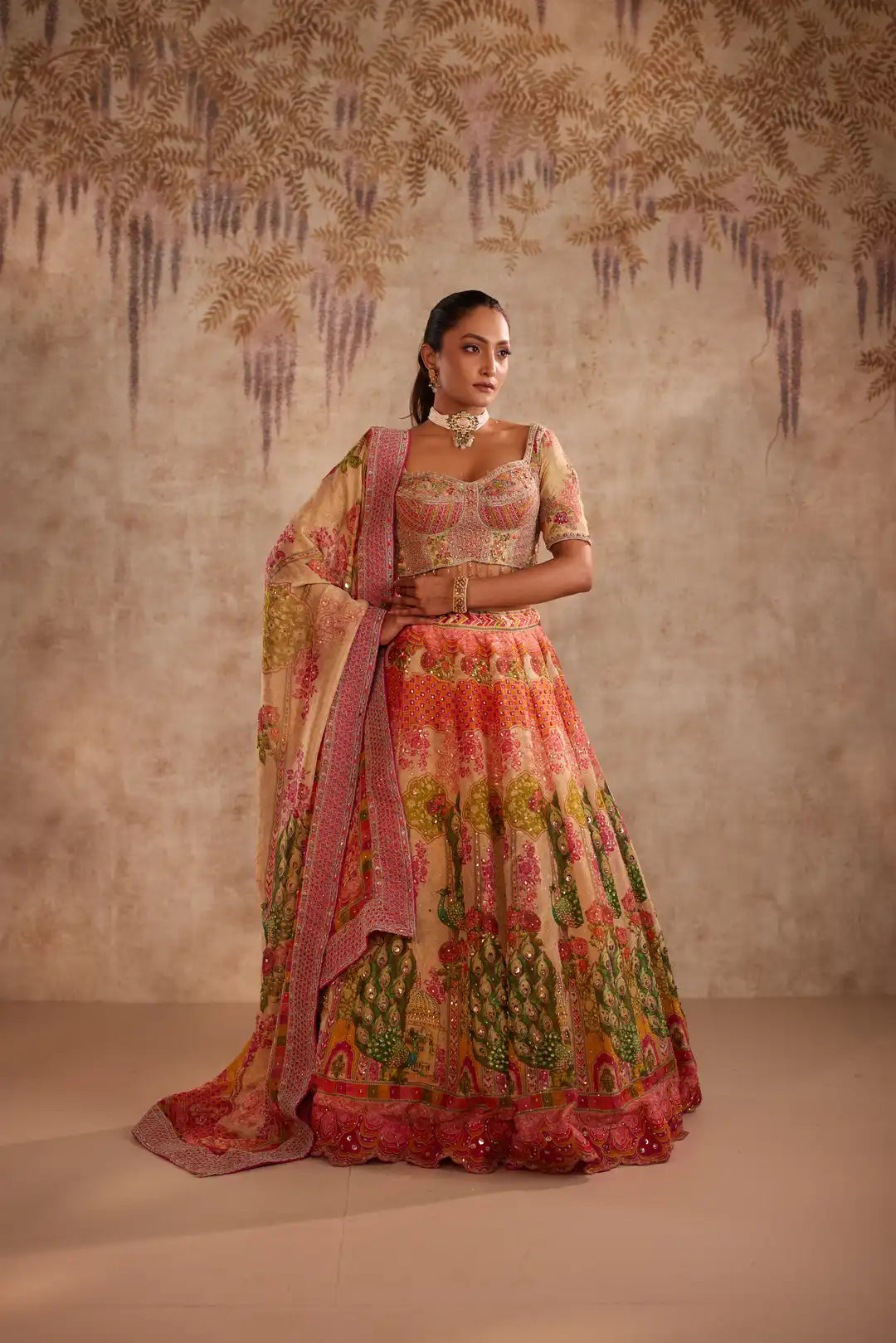 Multicolor Printed Lehenga with Floral Embroidery and Dupatta
