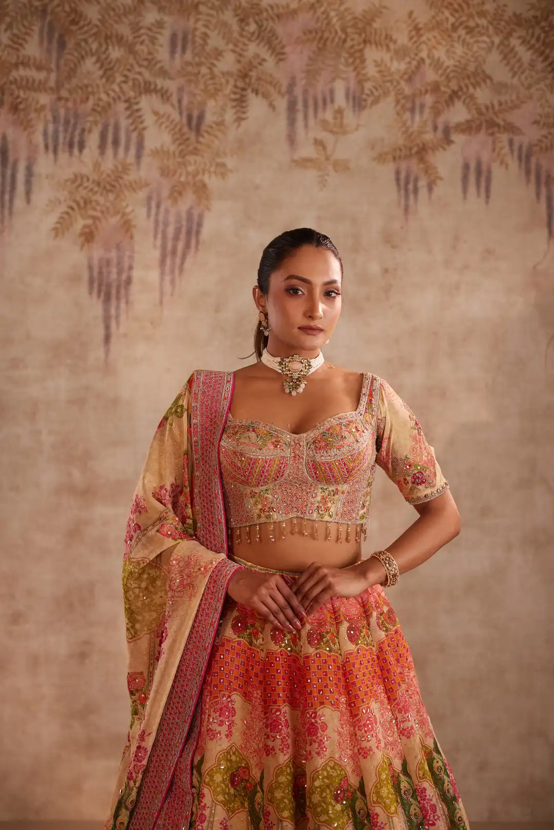 Multicolor Printed Lehenga with Floral Embroidery and Dupatta