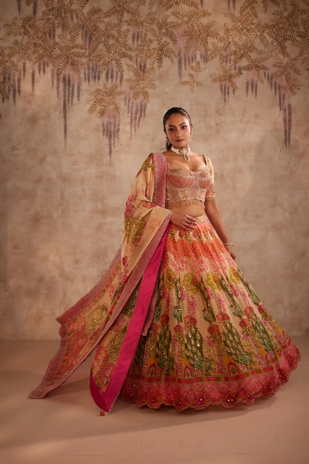 Multicolor Printed Lehenga with Floral Embroidery and Dupatta
