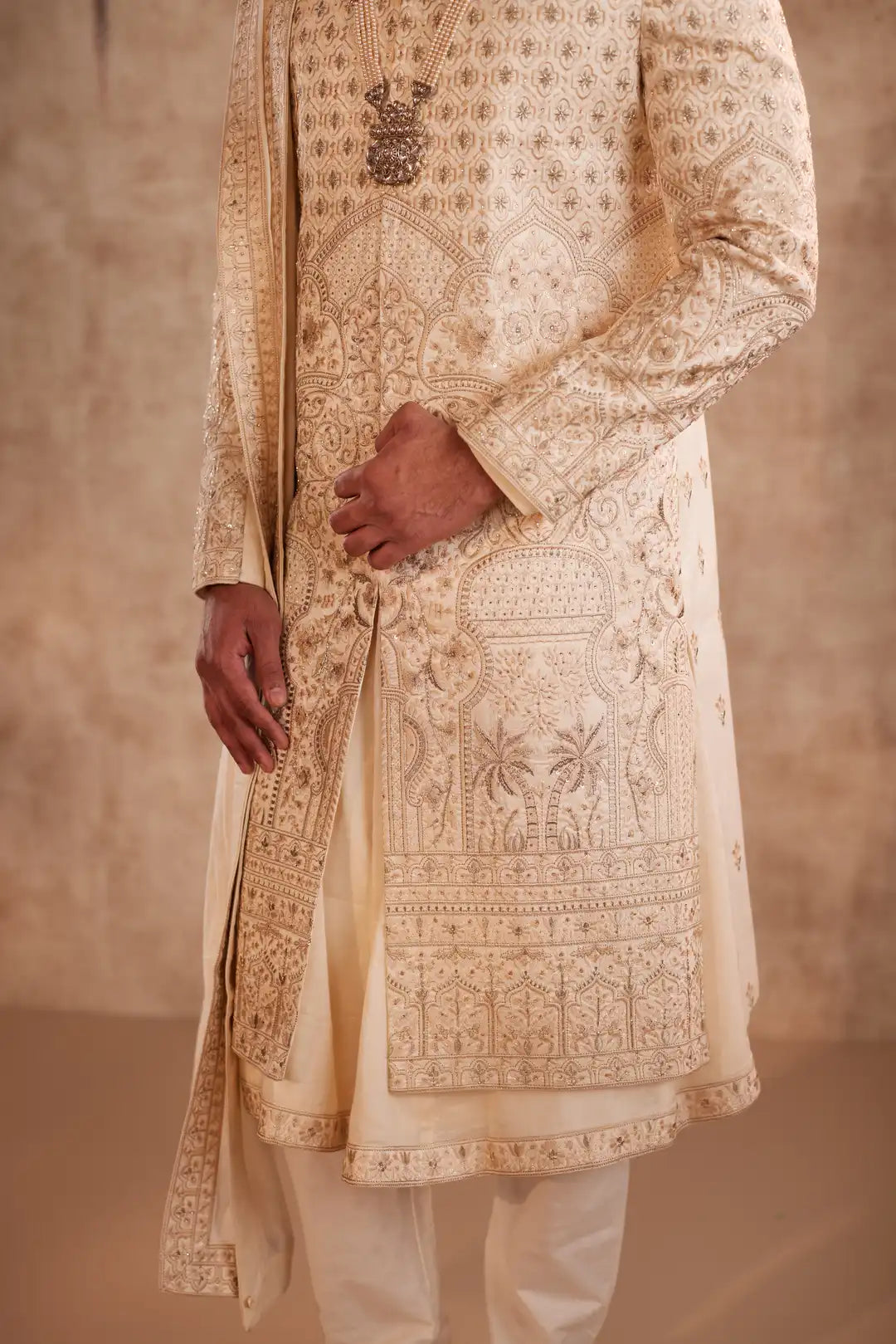 Off white silk zari work sherwani