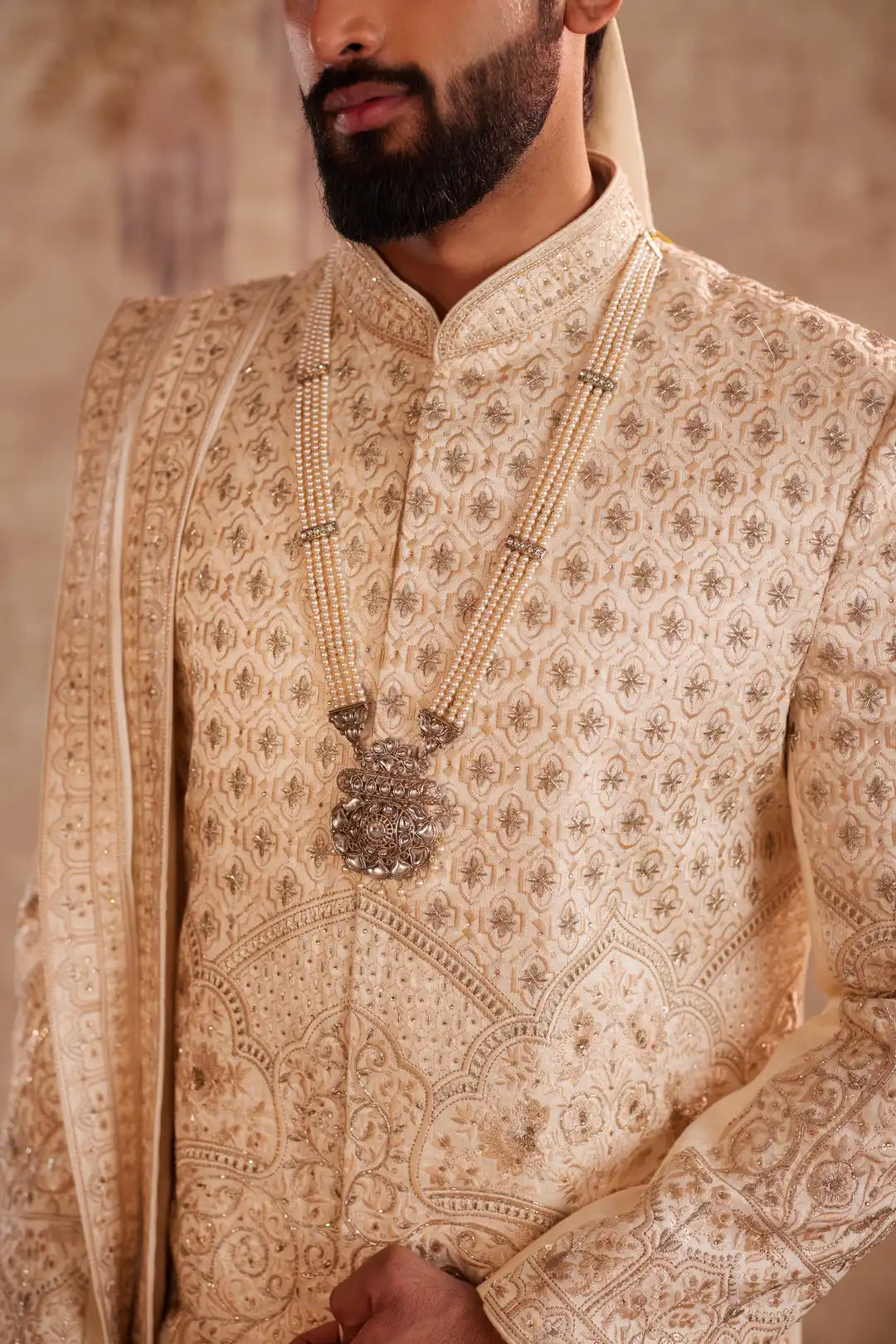 Off white silk zari work sherwani