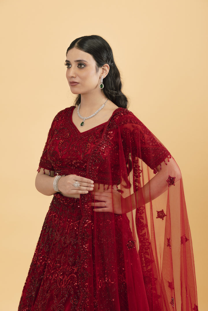 Red net lehenga with sequins embroidery