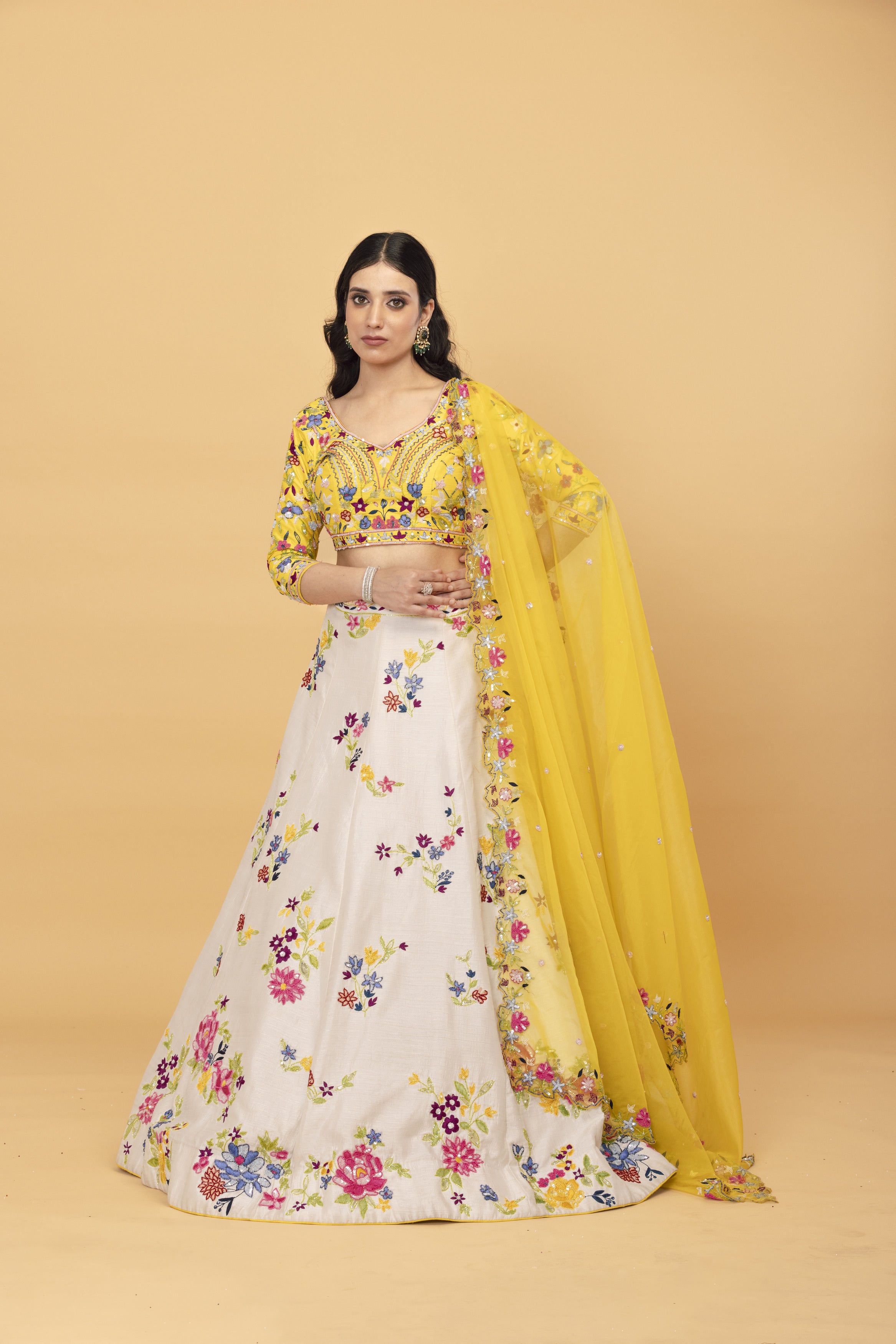 Yellow Net multicolor lehenga