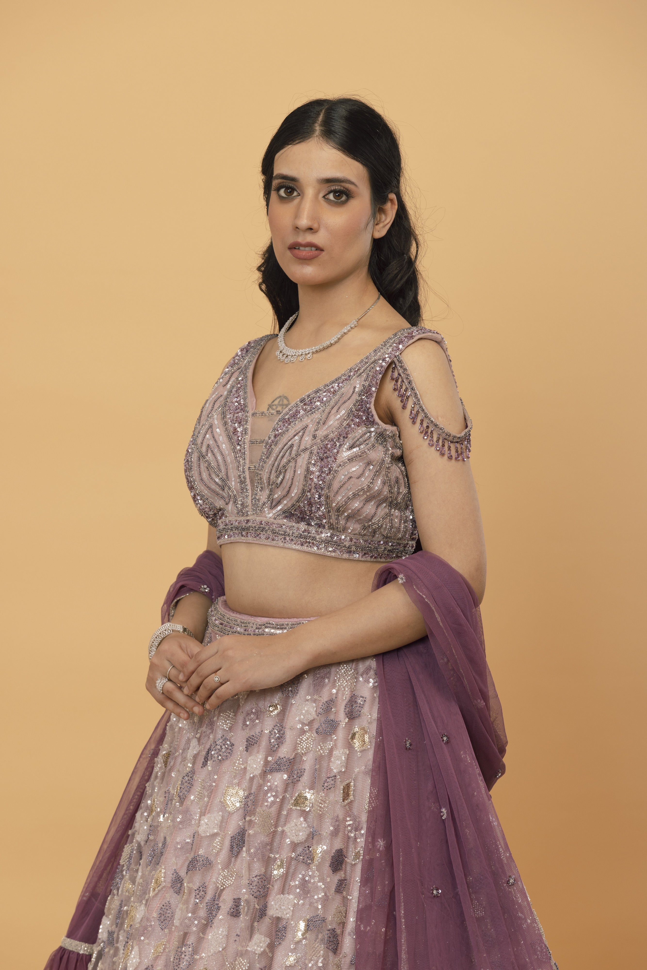 Dust Rose Net Lehanga