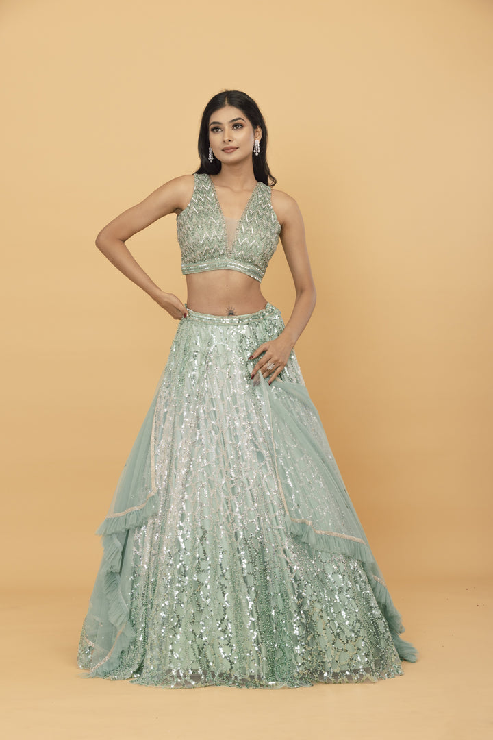 Green Ombre lehenga with sequin embellishment