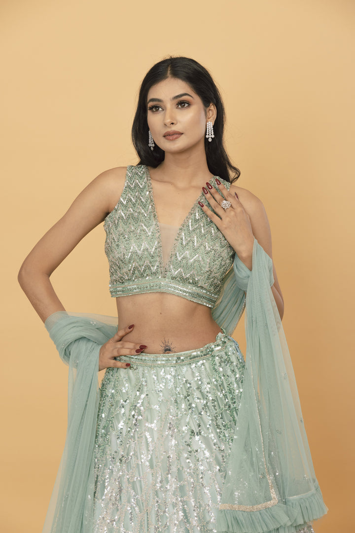 Green Ombre lehenga with sequin embellishment