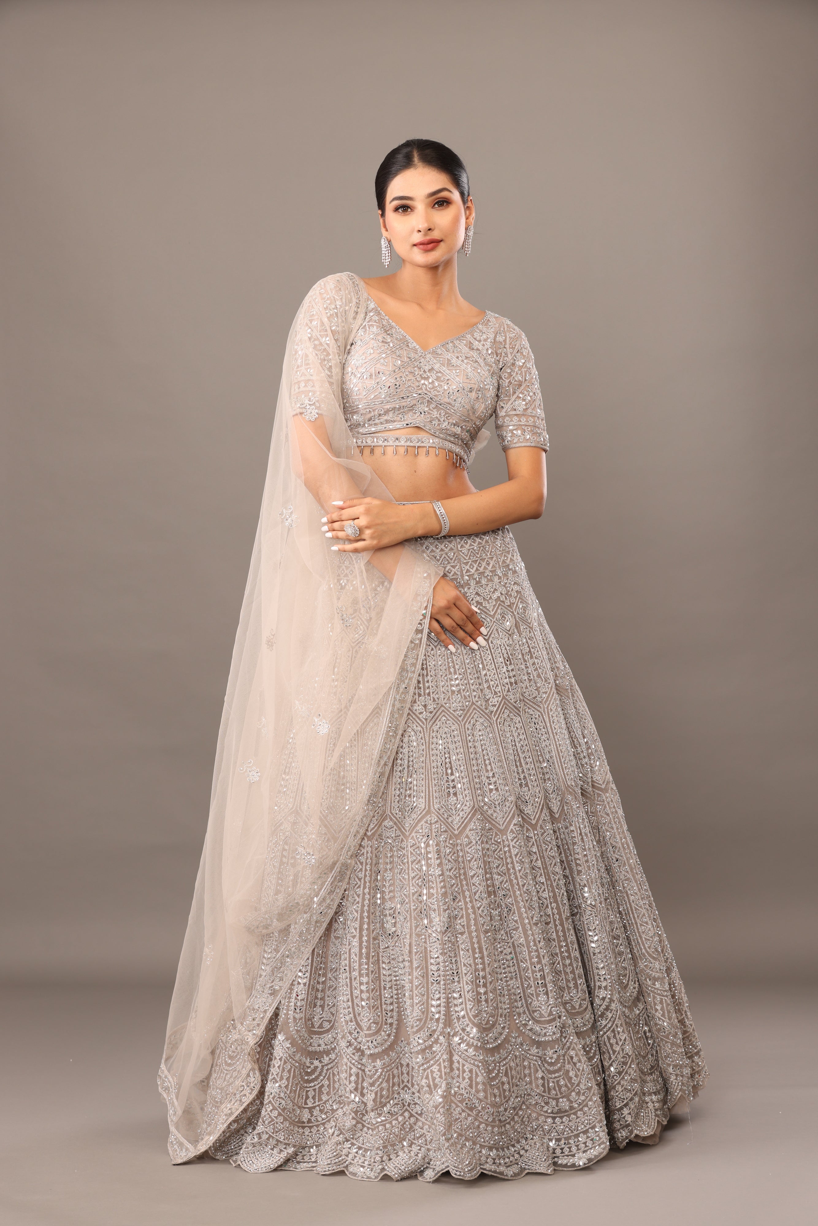 Powder grey net lehanga