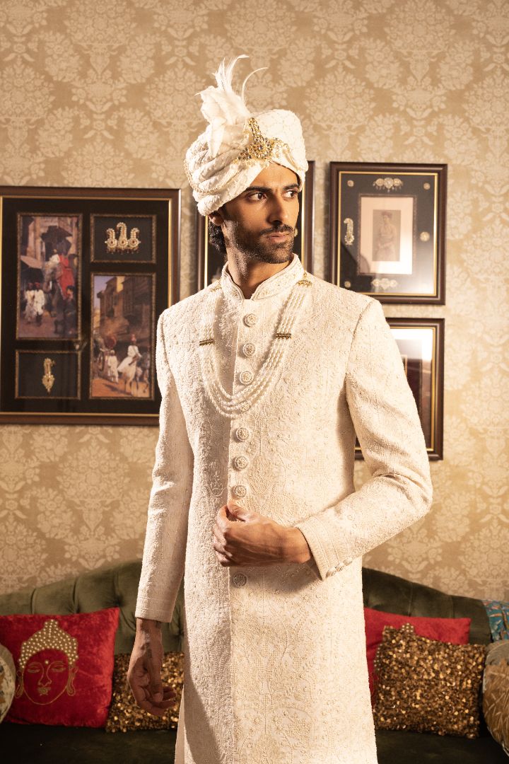 White Sherwani with hand embroidery