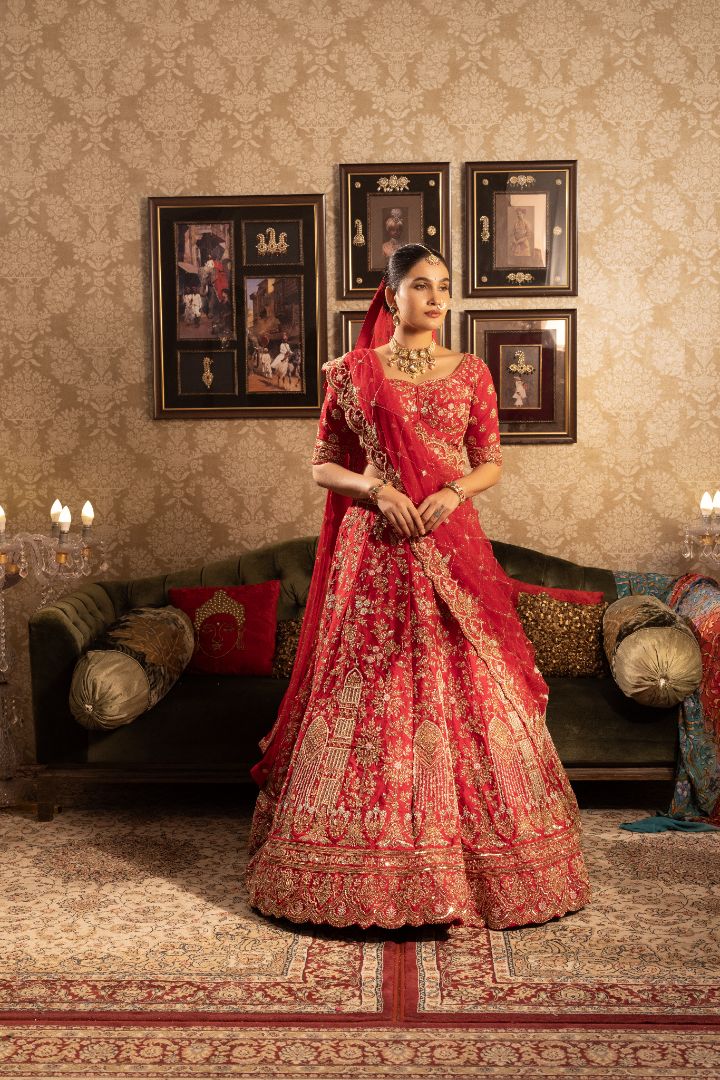 Red silk Bridal lehenga cutdata embellishments