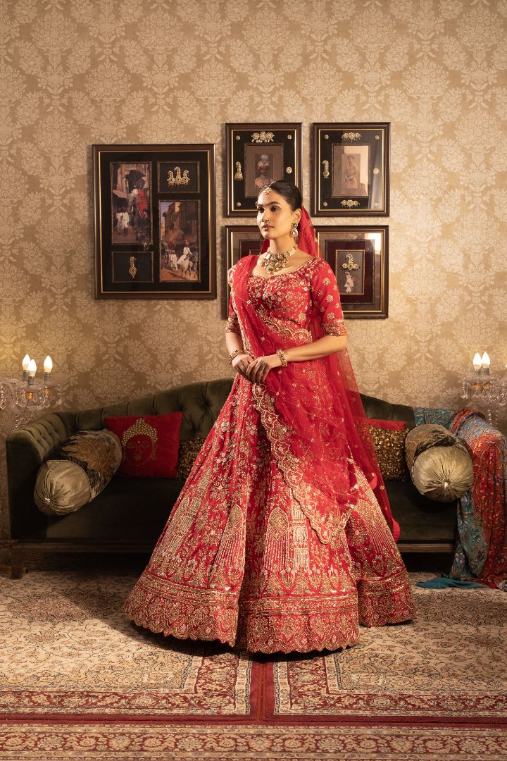 Red silk Bridal lehenga cutdata embellishments