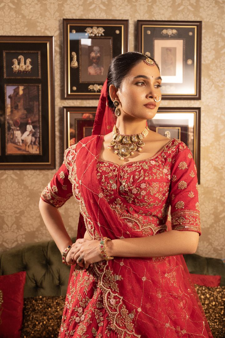 Red silk Bridal lehenga cutdata embellishments