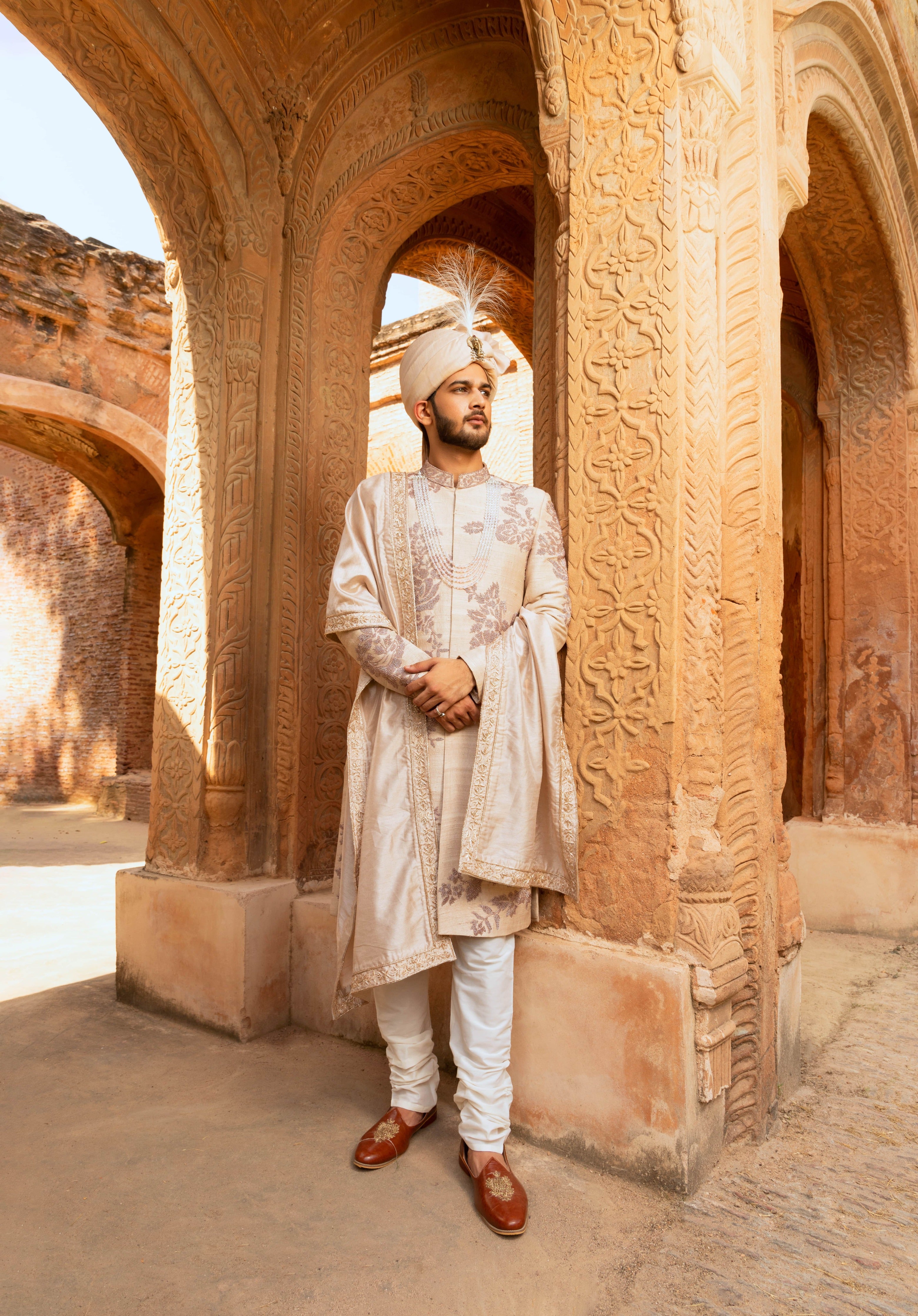Cream Silk Sherwani with Pot Embellishments