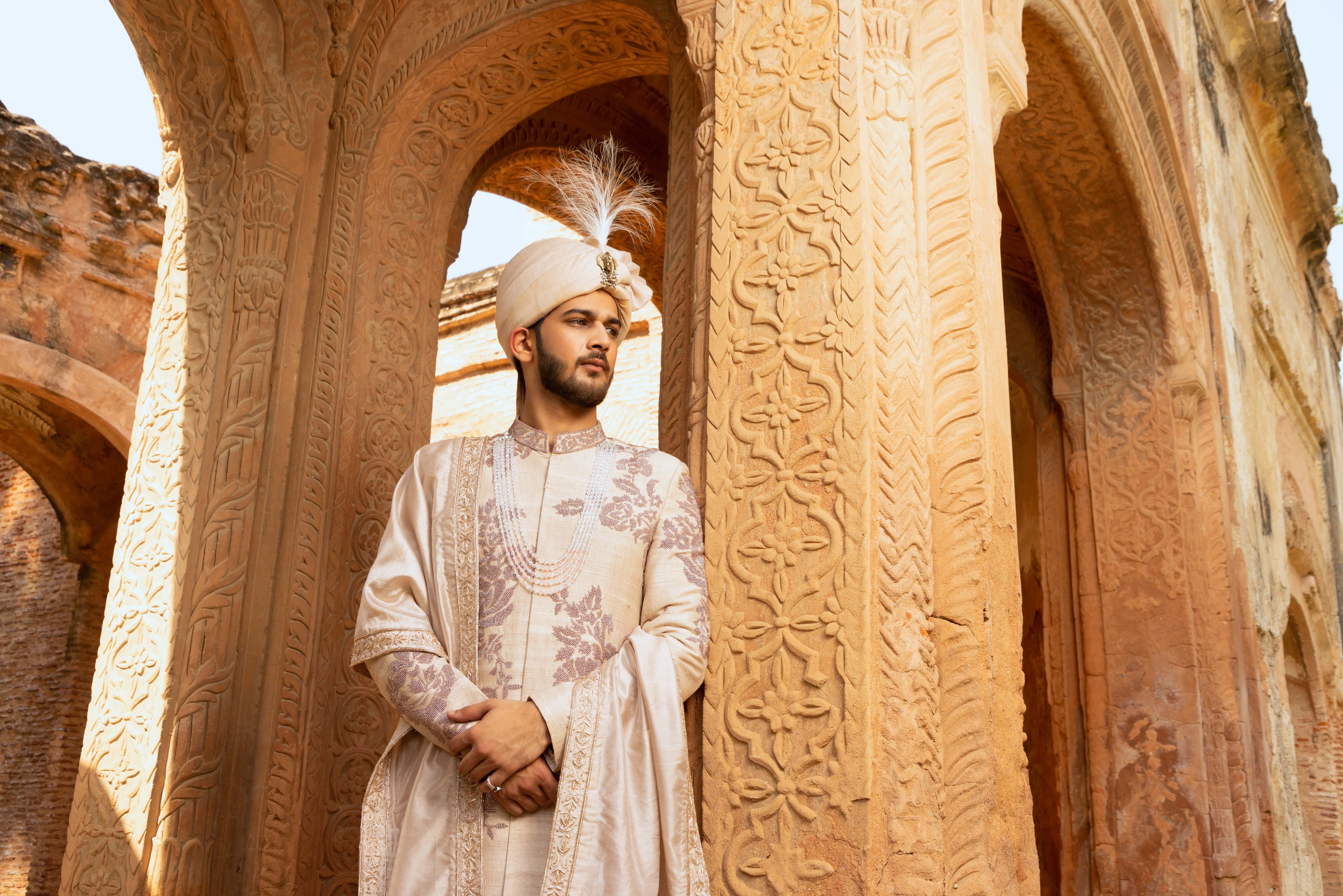 Cream Silk Sherwani with Pot Embellishments
