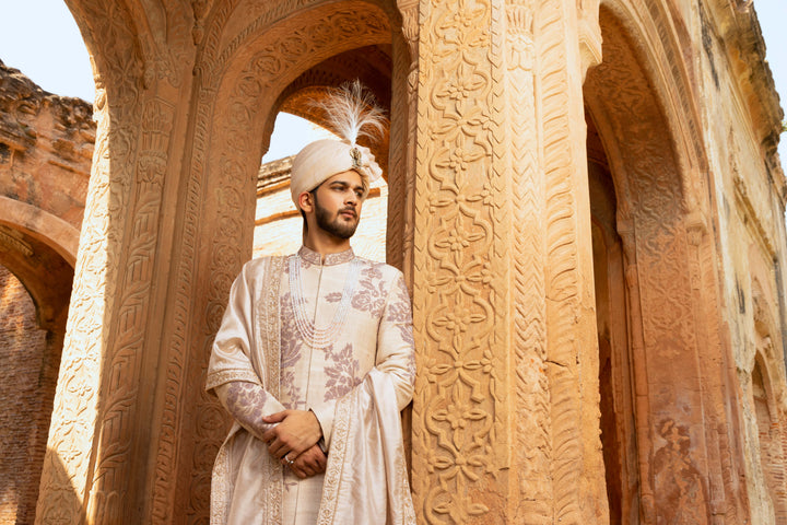 Cream Silk Sherwani with Pot Embellishments (accessories included)