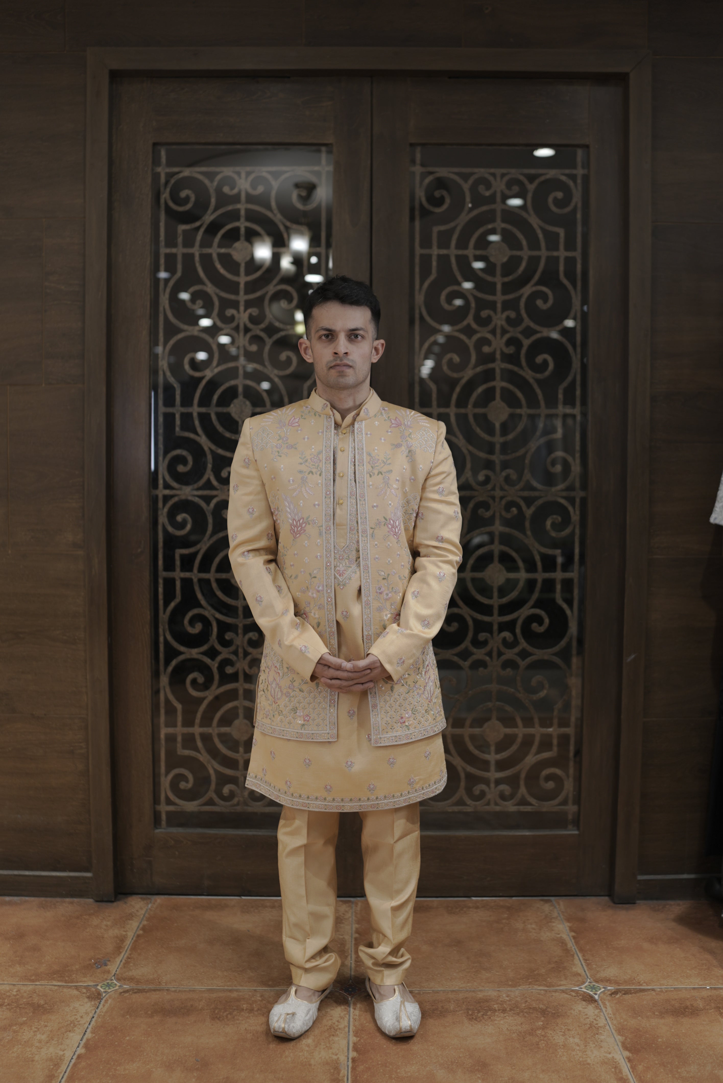 Yellow silk indo western with thread work