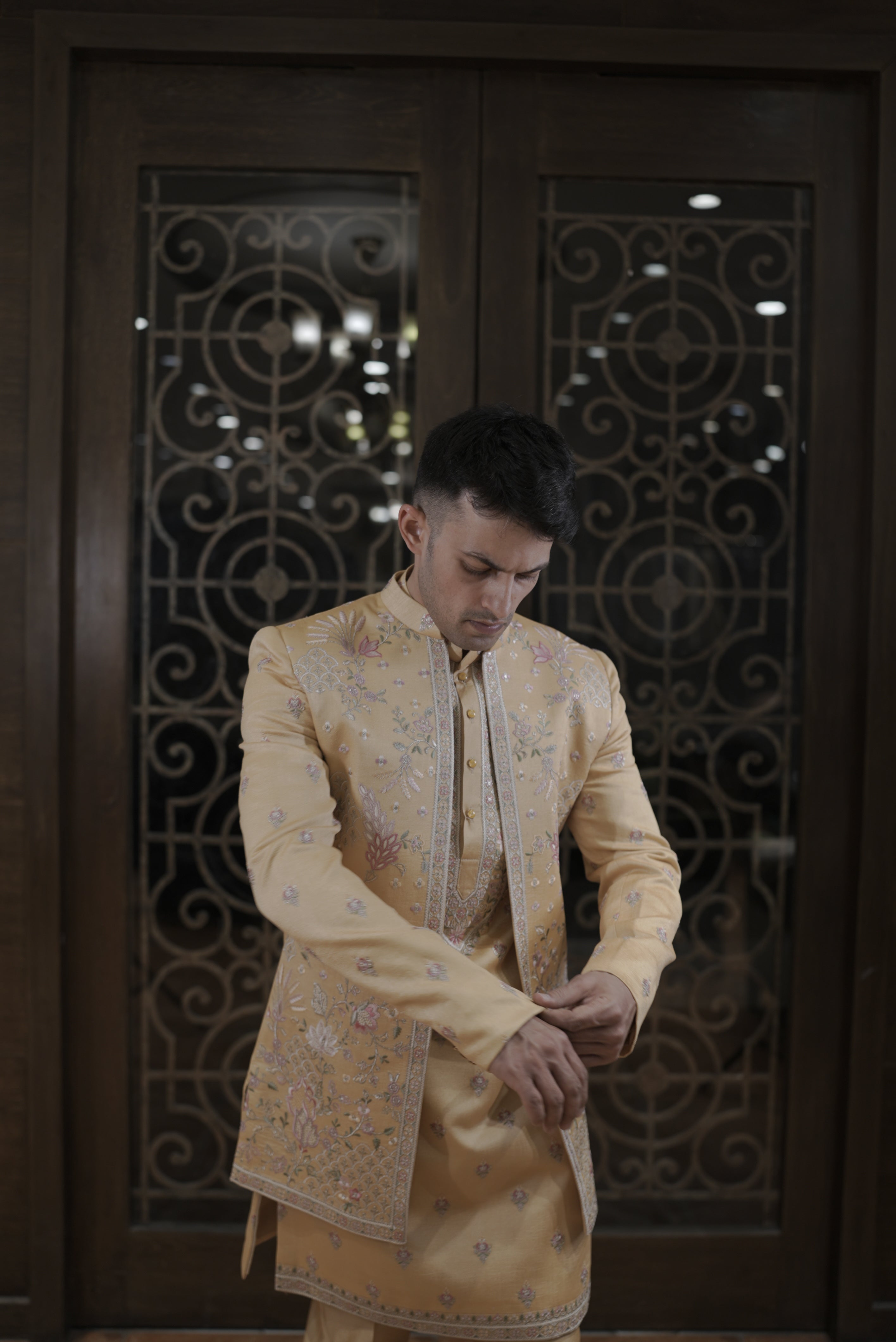 Yellow silk indo western with thread work