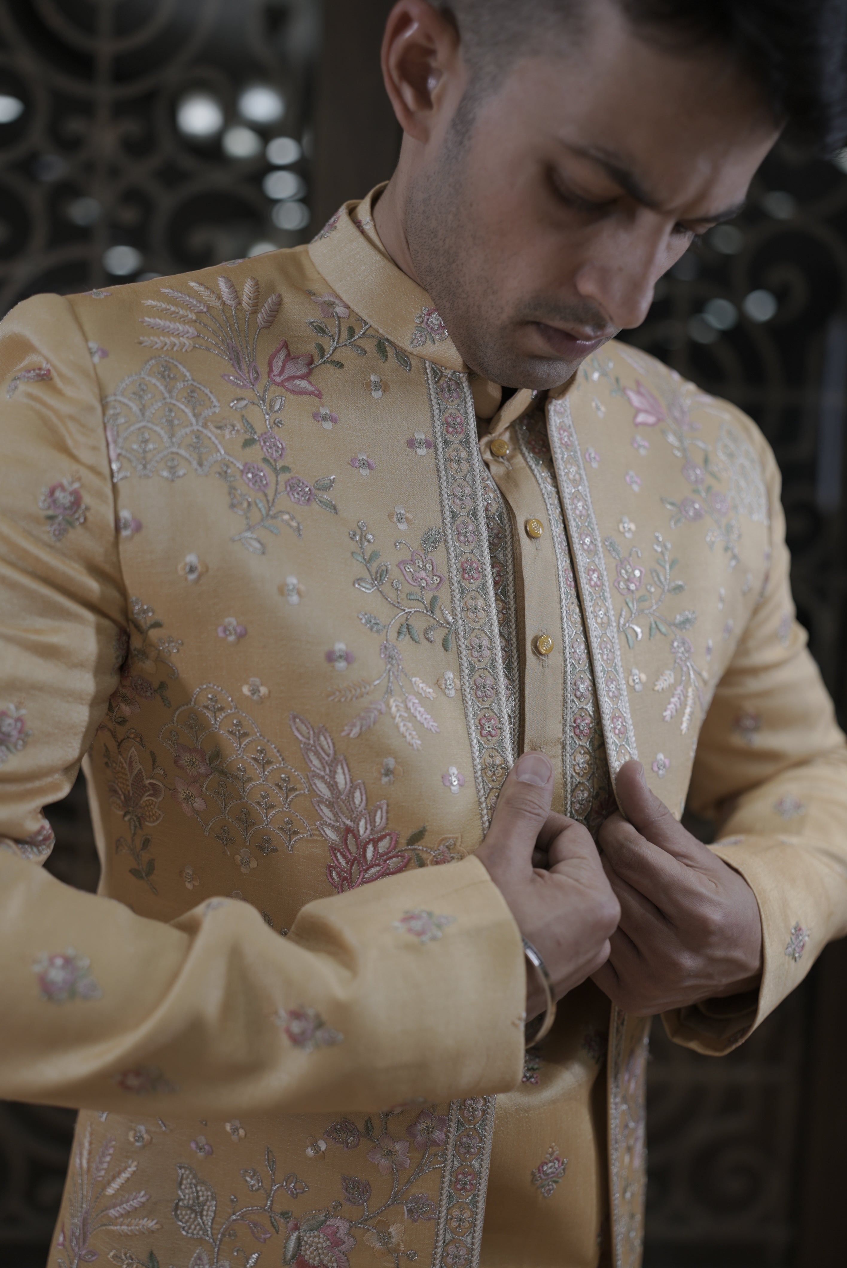 Yellow silk indo western with thread work