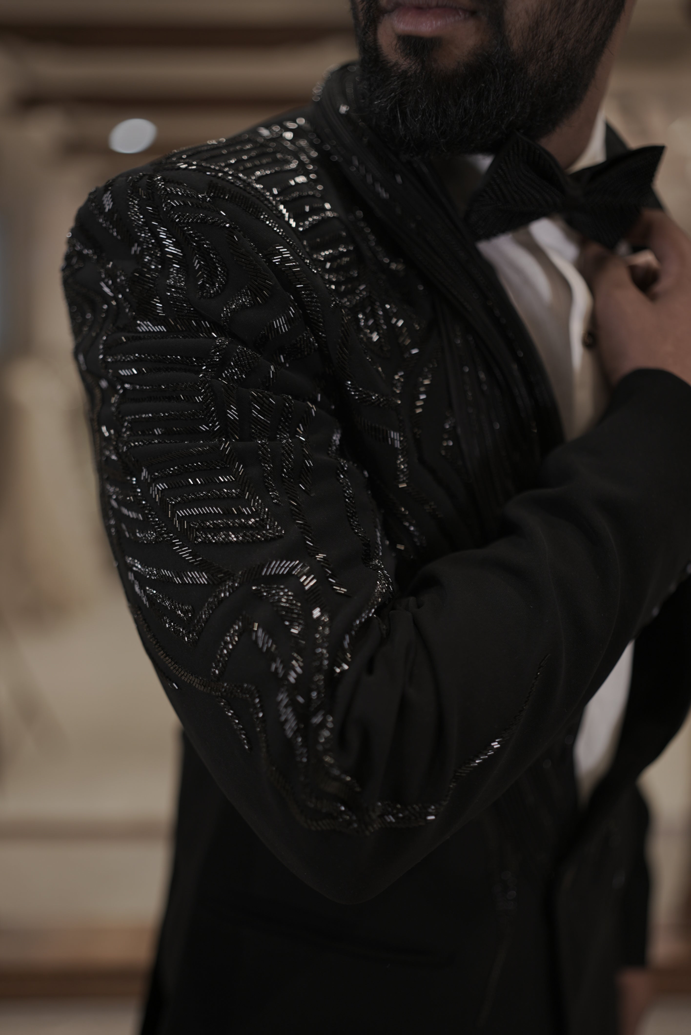 Black tuxedo with embroidered collar