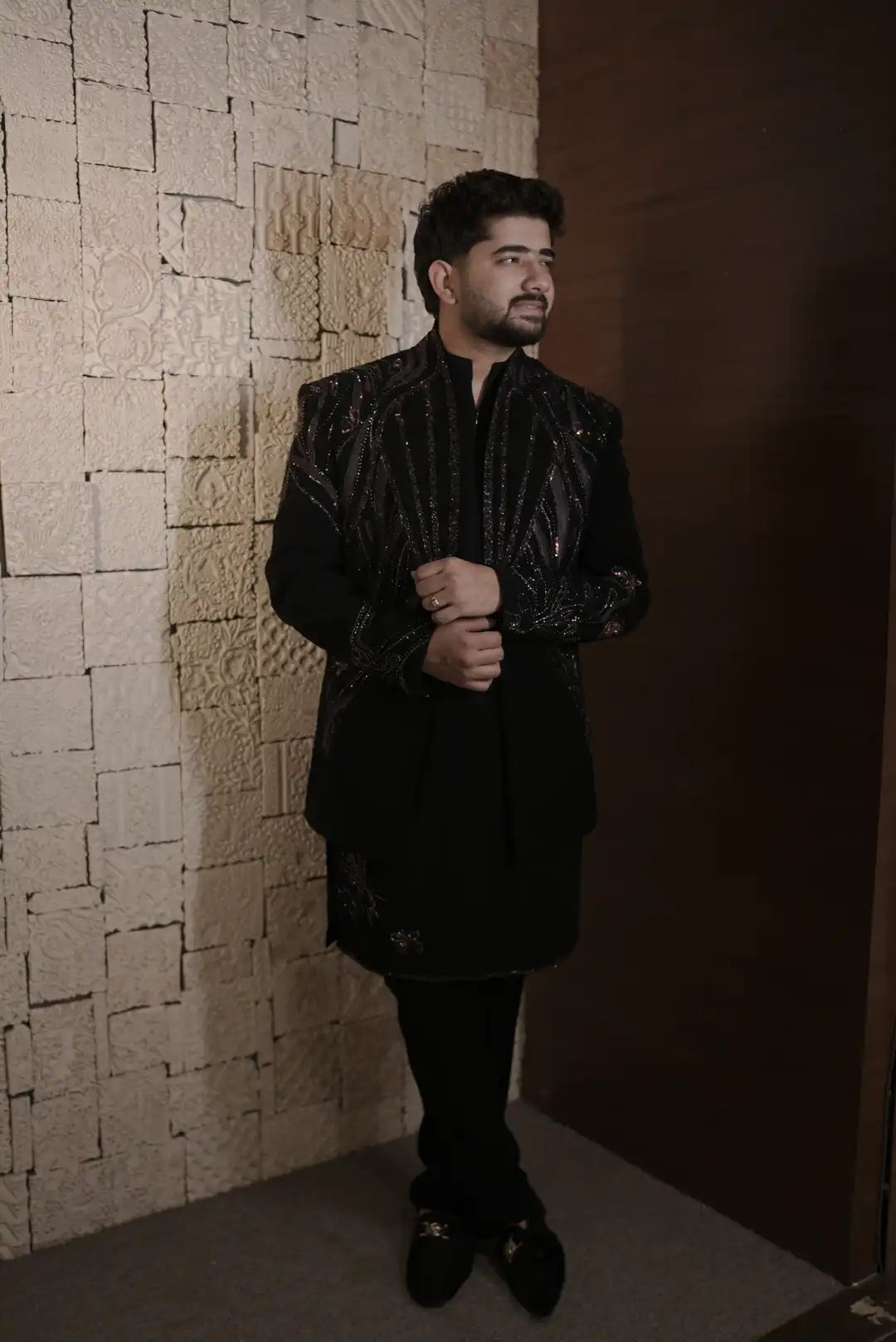 Black indo-western with geometric & floral motifs