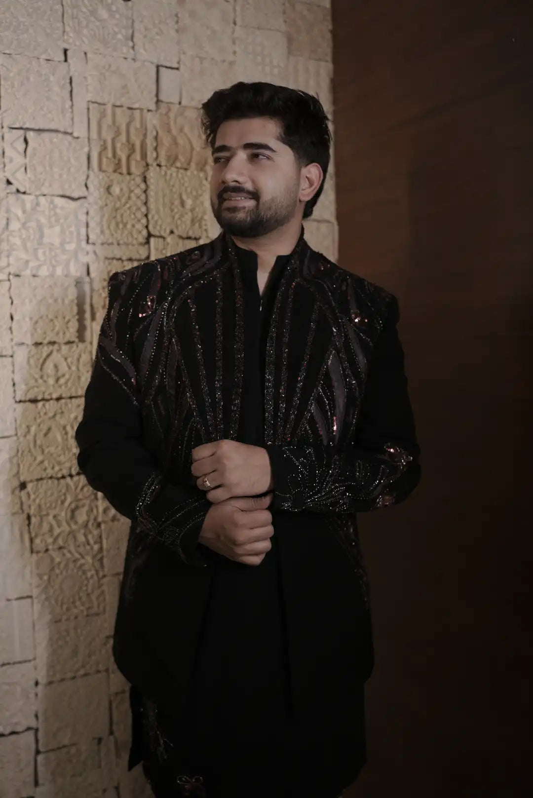 Black indo-western with geometric & floral motifs