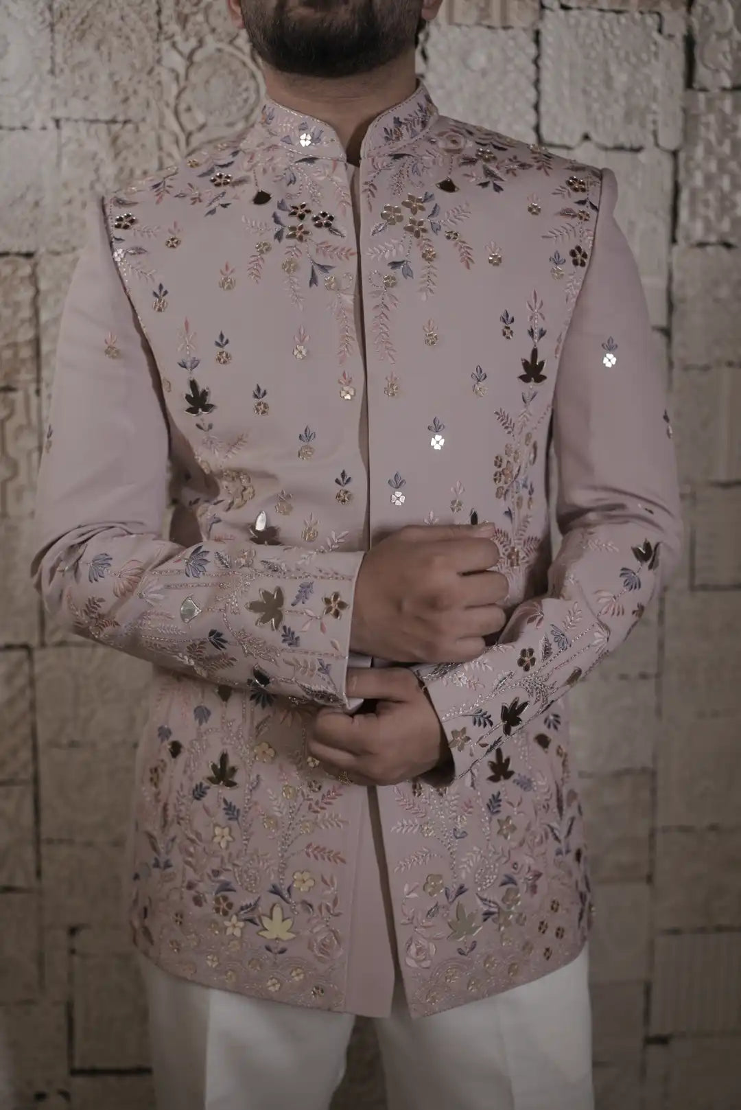 Pastel Pink Bandgala with floral motifs & Mirrorwork