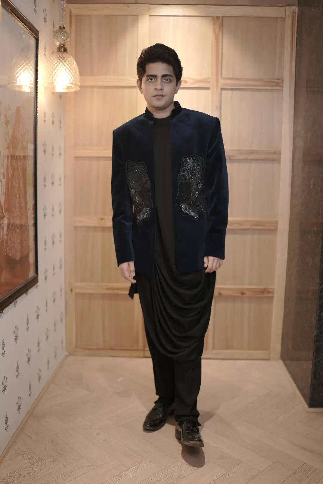 Blue Velvet Indowestern asymmetric kurta set & floral embroidery