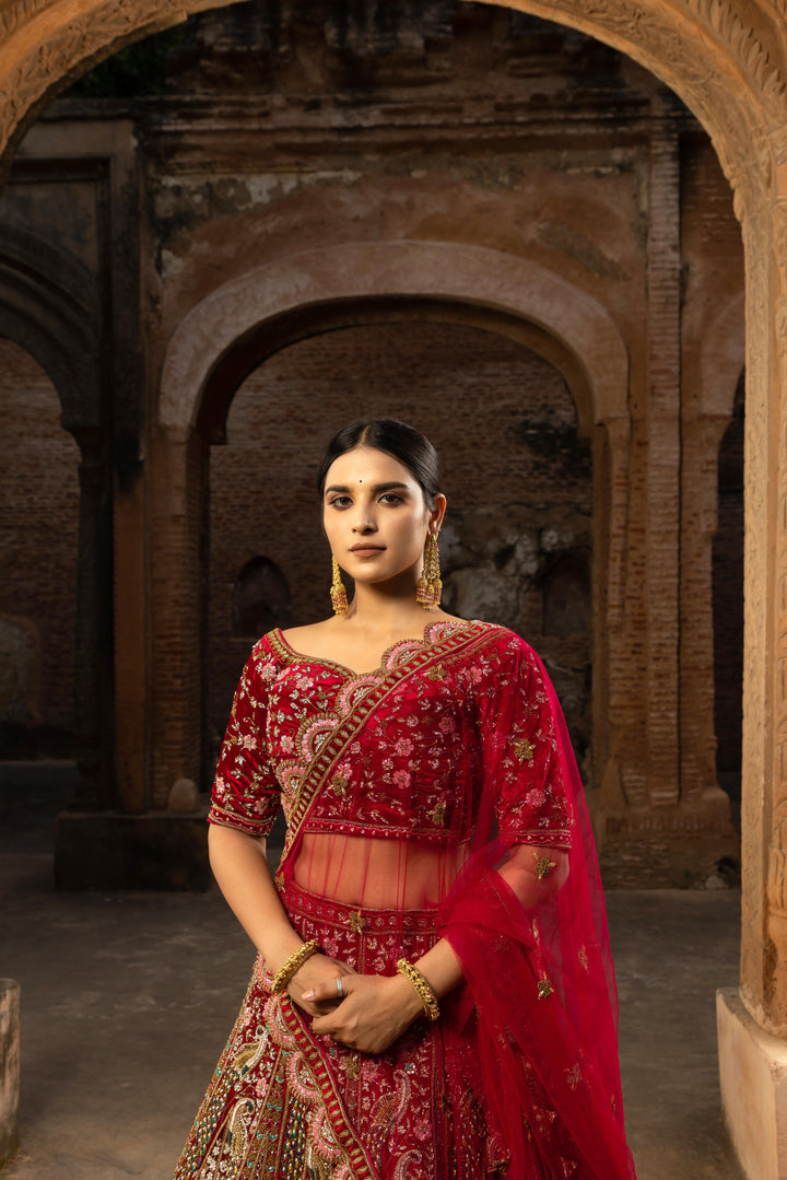 Enchanting Red Velvet Bridal Lehenga with Multi-Color Embroidery