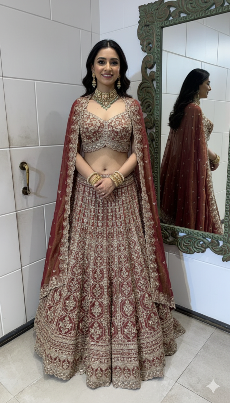 Maroon Hand-Embroidered Zardozi Velvet Bridal Lehenga Set