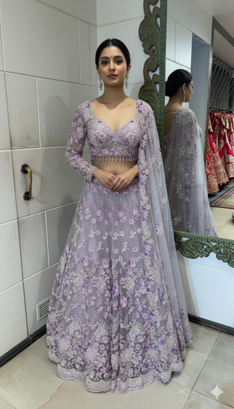 Lilac Embroidered Net Lehenga
