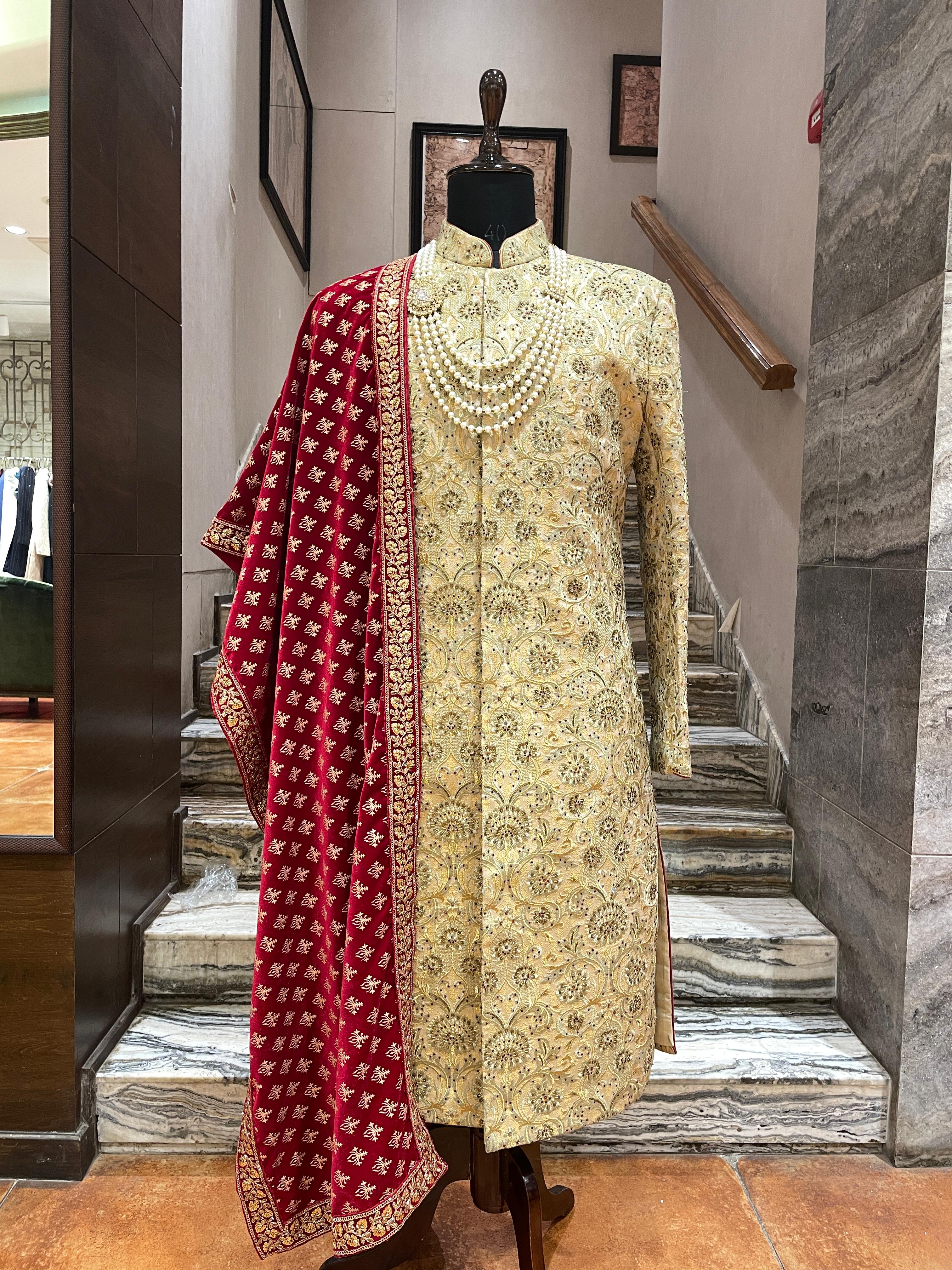 Golden Sherwani With Maroon Velvet Stole - Royal Wedding Sherwani