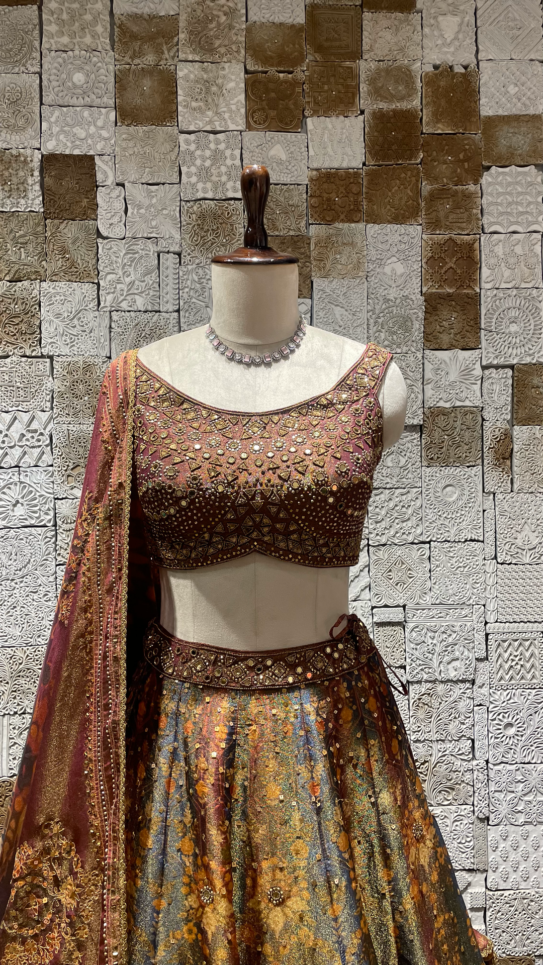 Multicolour tissue lehenga with mirrorwork