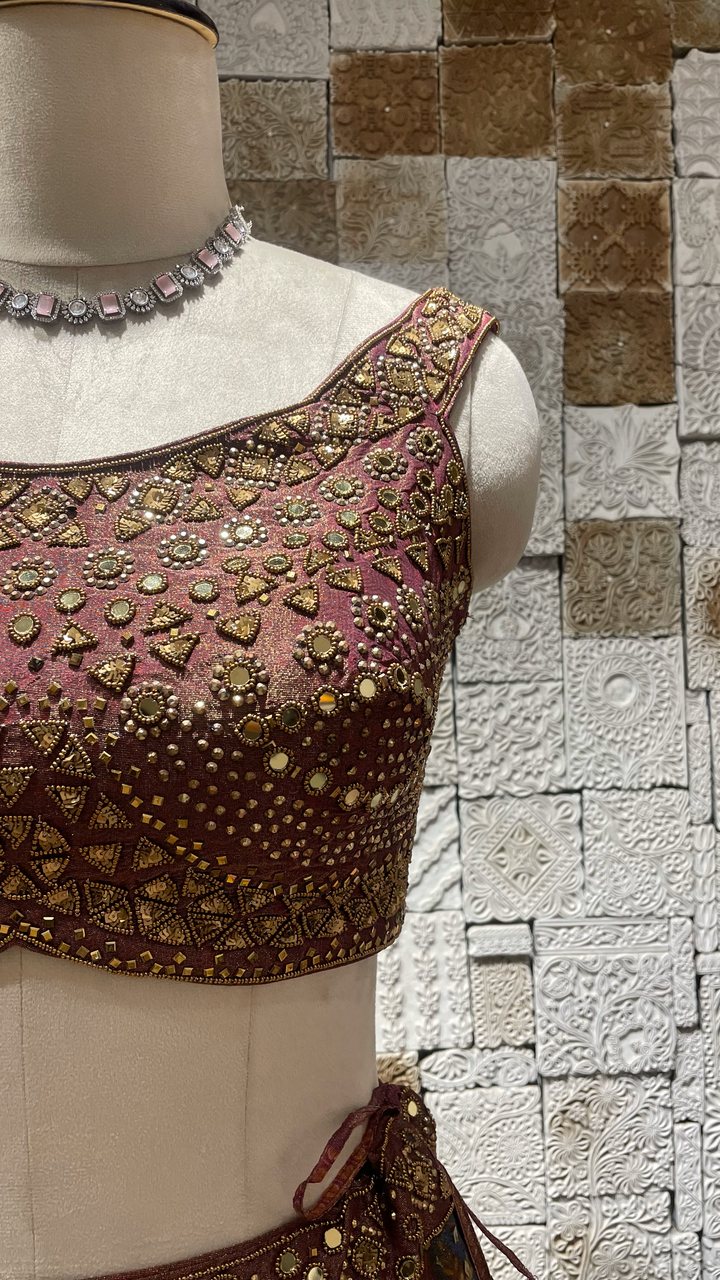 Multicolour tissue lehenga with mirrorwork