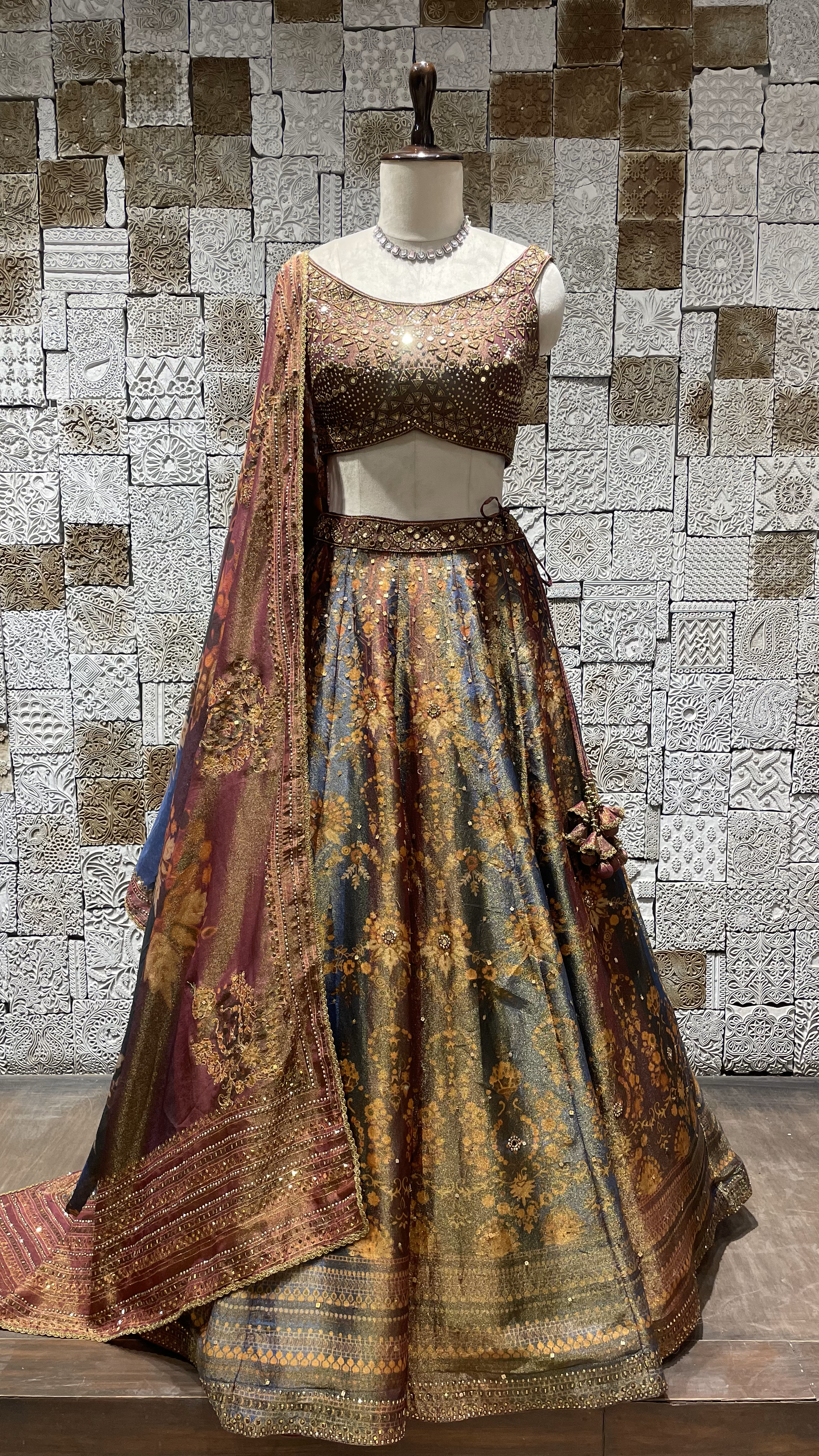 Buy Beige Silk Tissue Lehenga Set With Midnight Blue Dupatta For Women by  Ranian Online at Aza Fashions.