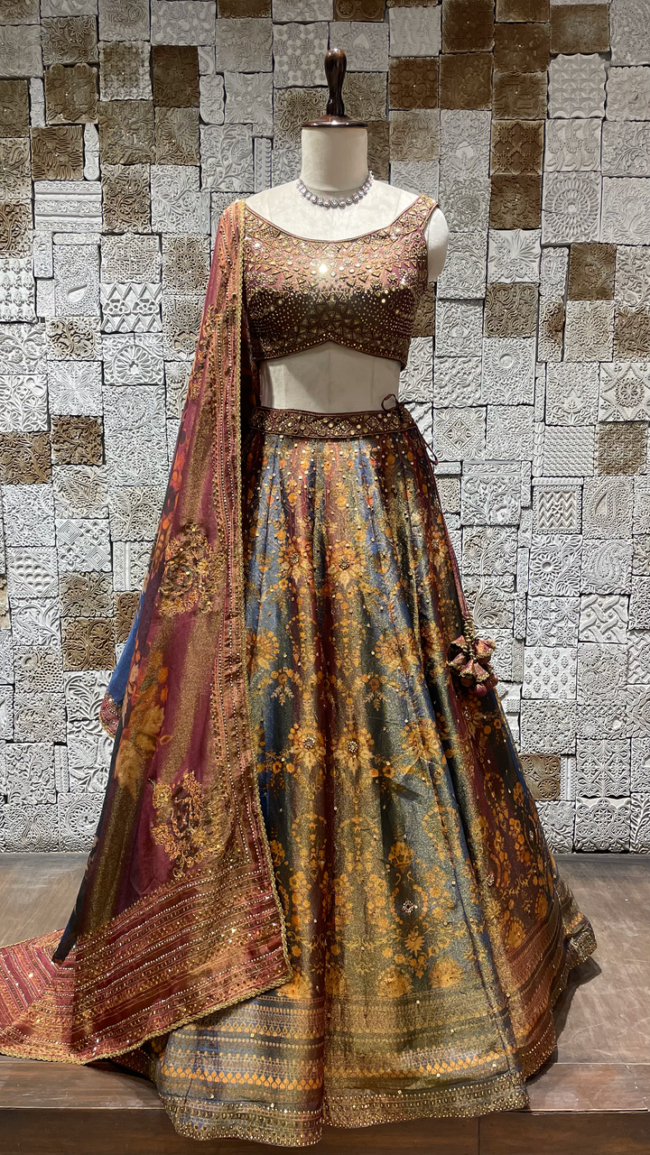 Multicolour tissue lehenga with mirrorwork