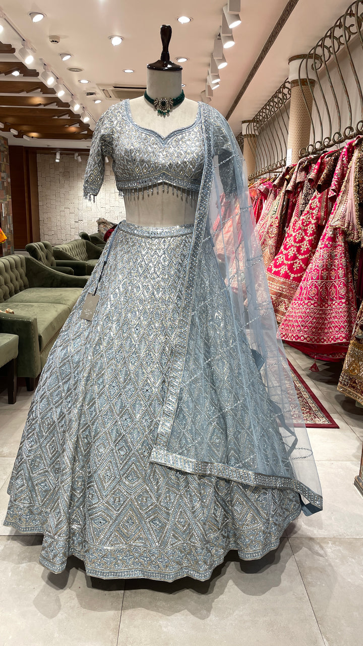 Pastel blue georgette lehenga with sequins embellishments