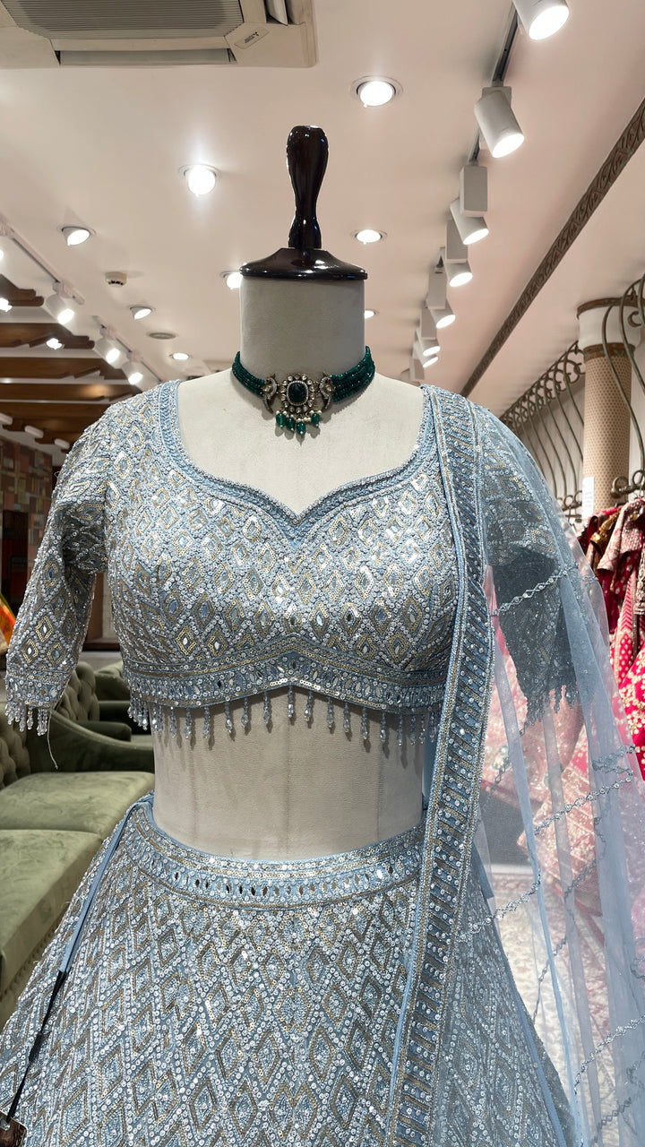 Pastel blue georgette lehenga with sequins embellishments