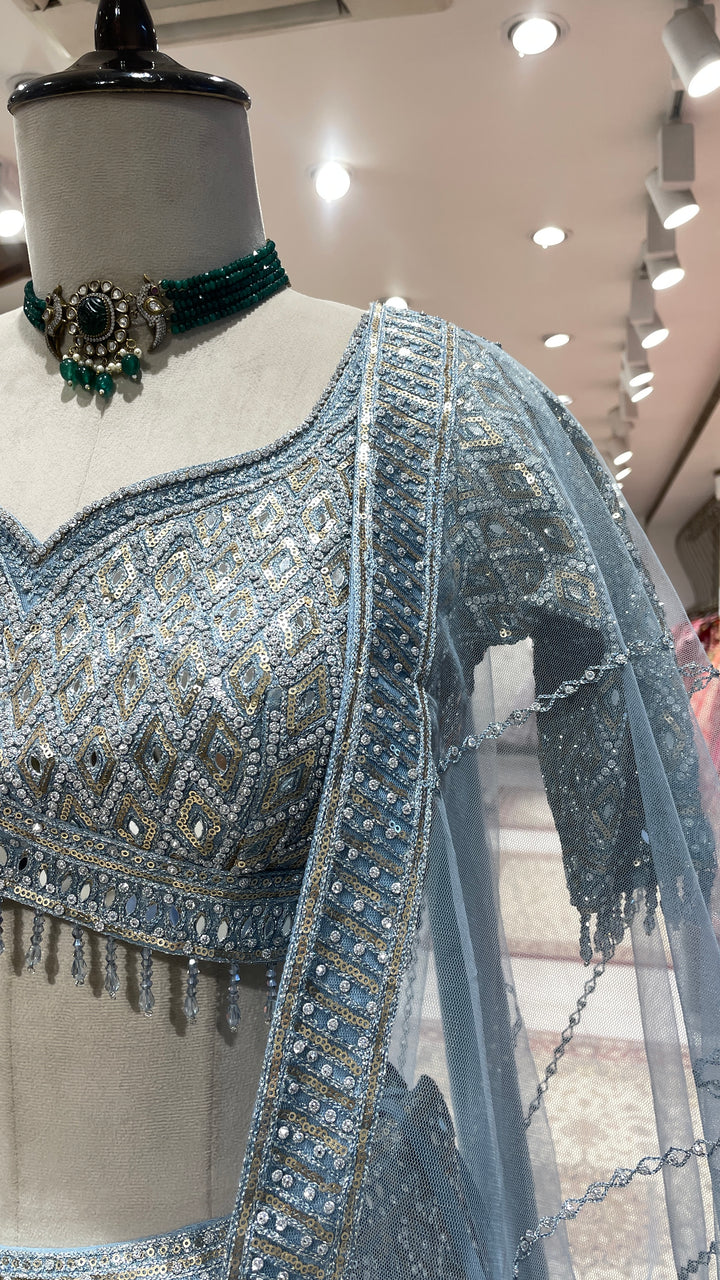 Pastel blue georgette lehenga with sequins embellishments