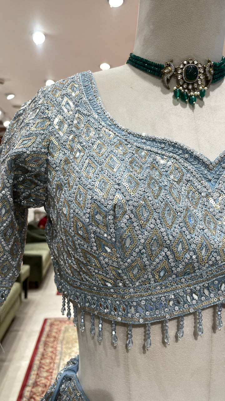 Pastel blue georgette lehenga with sequins embellishments