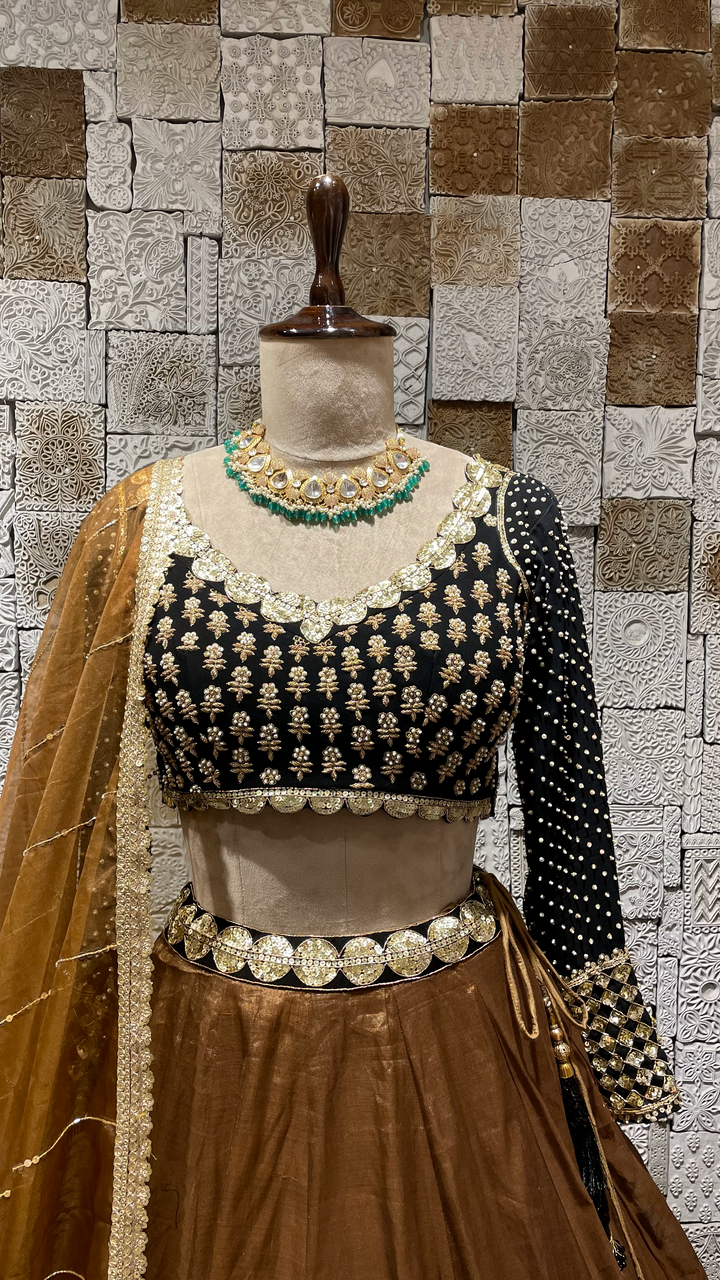 Rust Tissue Lehenga with Heavy embroidered Blouse