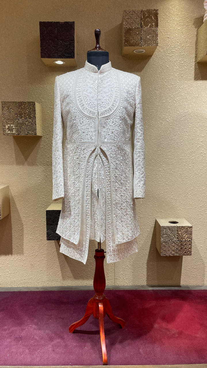 Ivory Sherwani with Threadwork & Pearl Embellishments (Accessories Included)