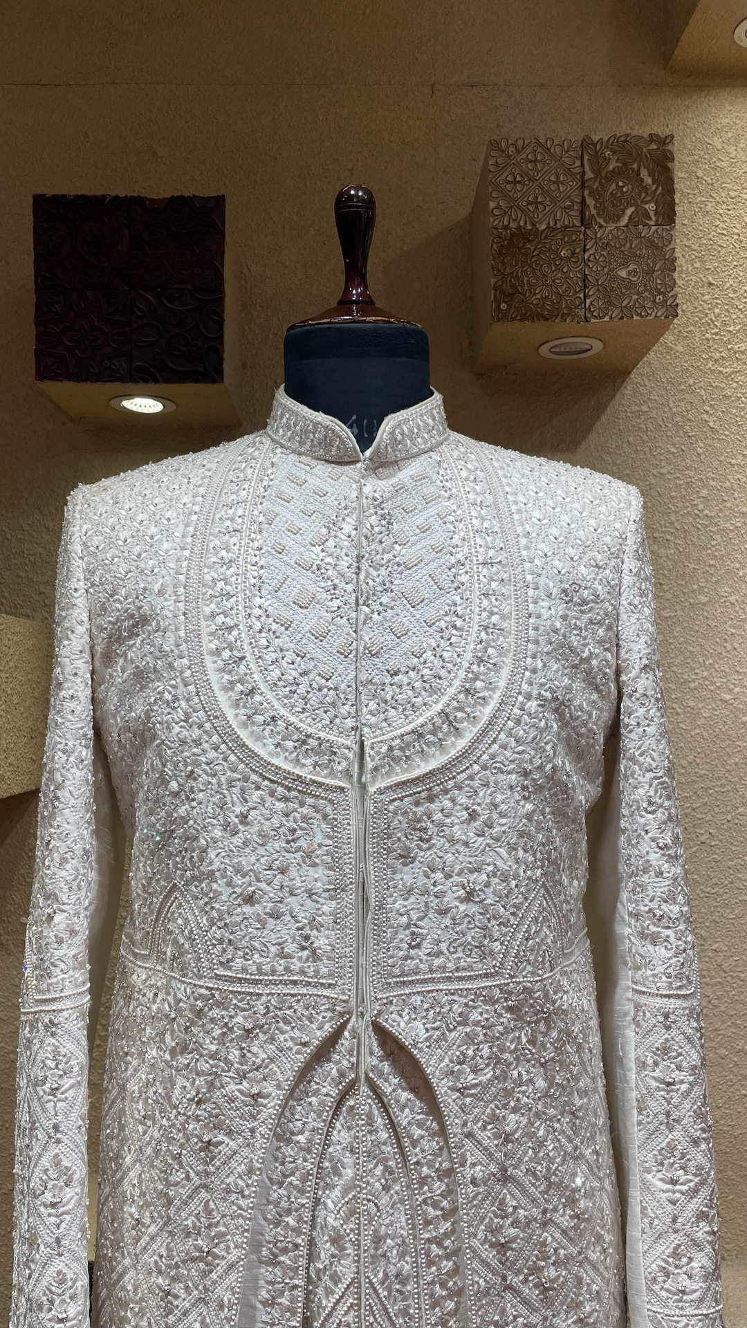 Ivory Sherwani with Threadwork & Pearl Embellishments (Accessories Included)