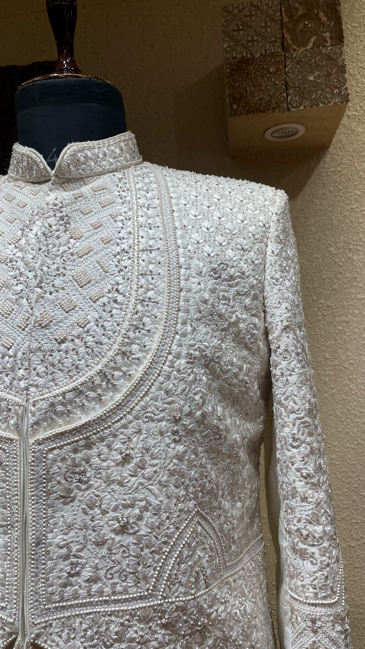 Ivory Sherwani with Threadwork & Pearl Embellishments (Accessories Included)